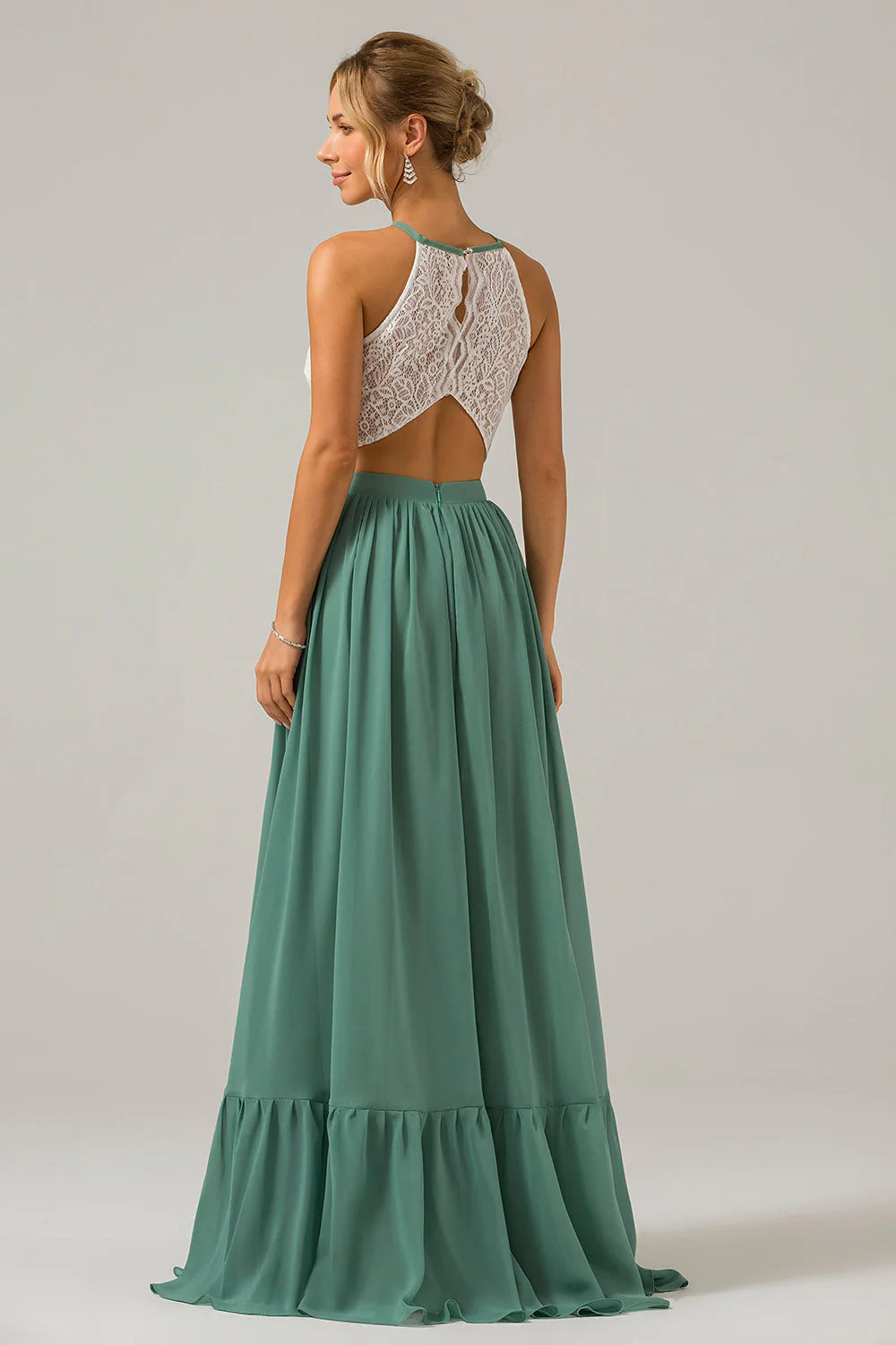 A Line Halter Pleated Keyhole Chiffon Bridesmaid Dress With Lace