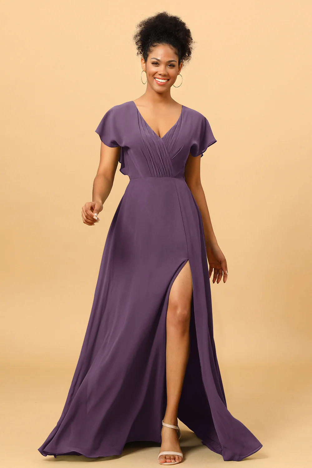 A Line V Neck Ruched Chiffon Bridesmaid Dress with Slit