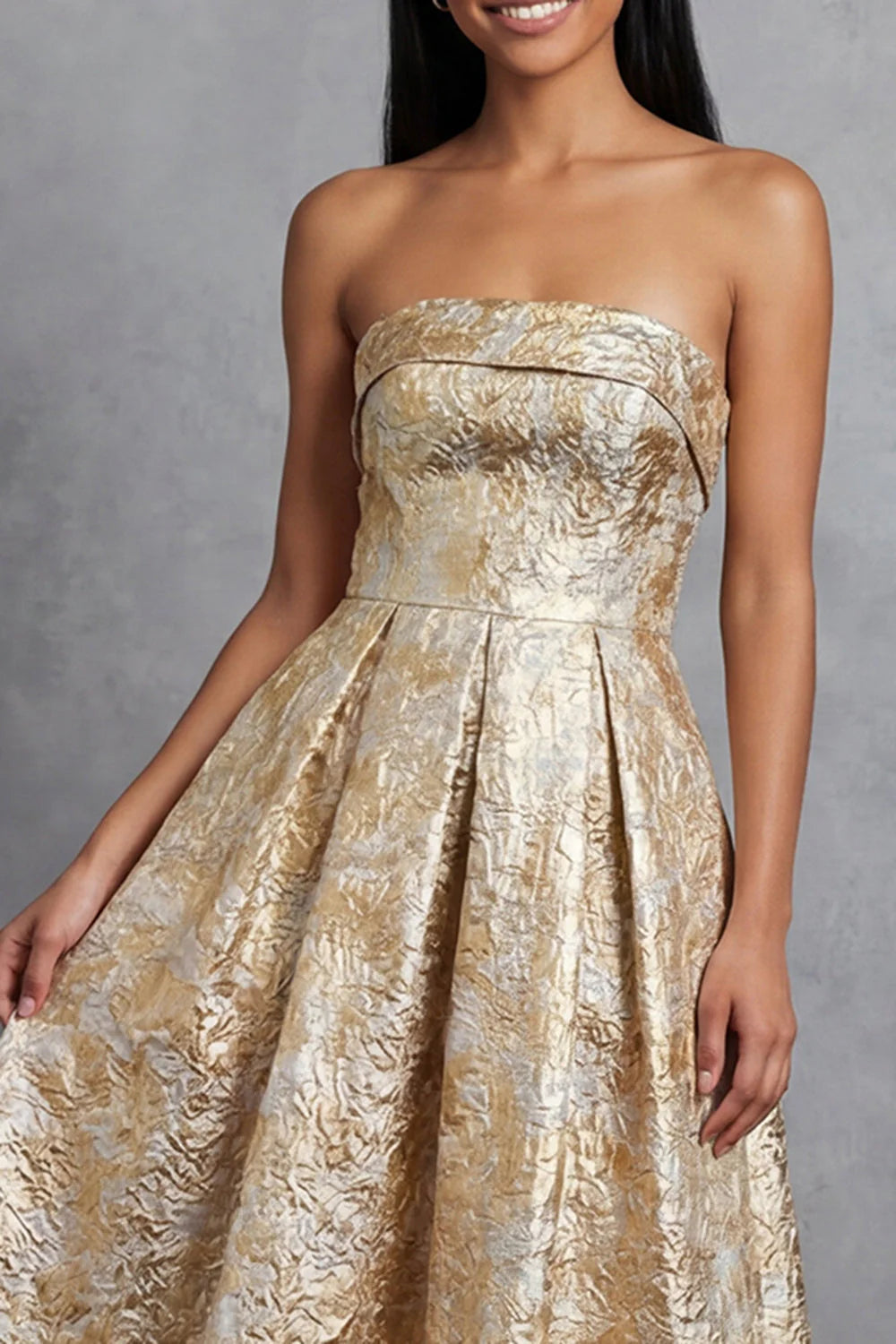 Strapless Gold Floral Jacquard A Line Midi Wedding Guest Dress