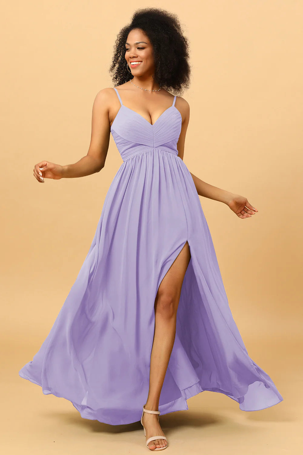 A Line Spaghetti Straps Ruched Long Chiffon Bridesmaid Dress with Slit