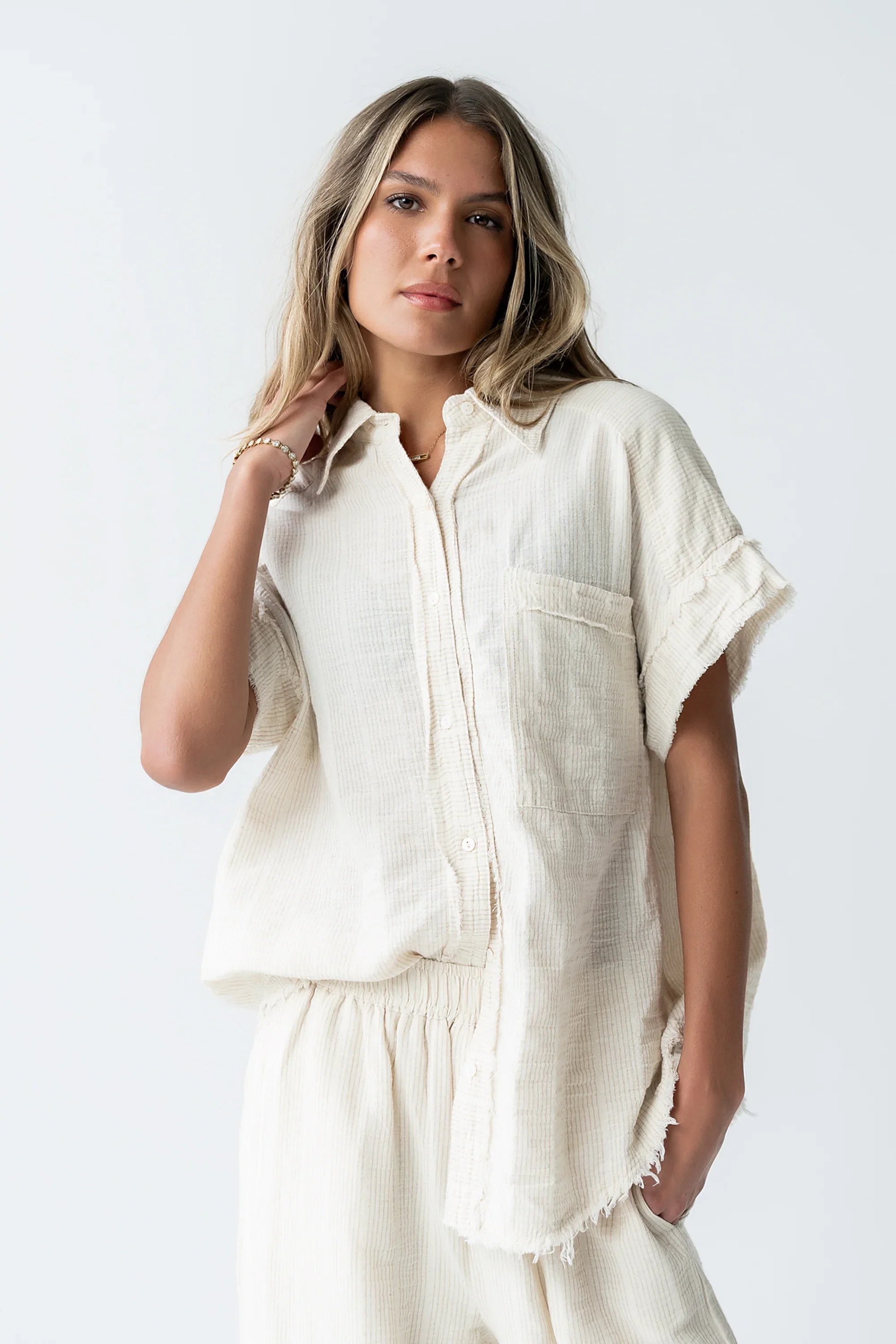 Belen Striped Button Up in Taupe