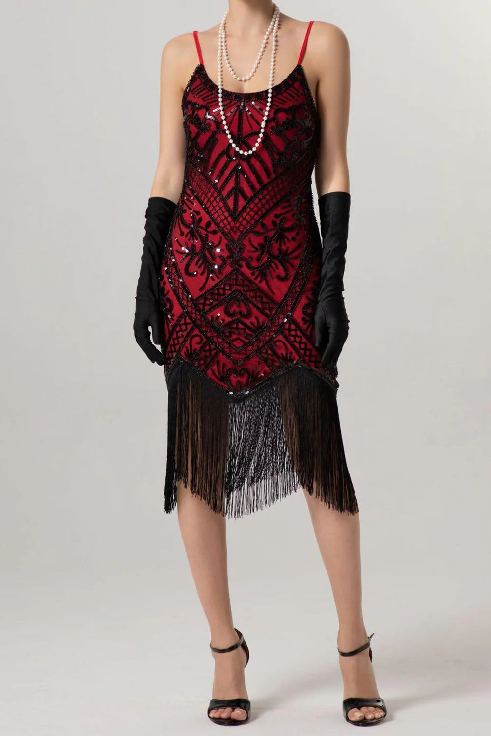 Sheath Black Golden Sequins Midi 1920s Dress with Fringes