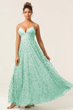 Dark Green A Line Spaghetti Straps Satin Long Bridesmaid Dress