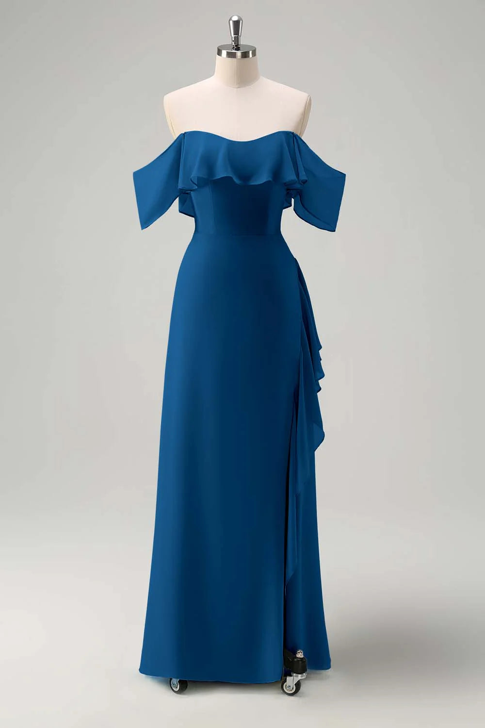 Light Green Sheath Off The Shoulder Chiffon Long Bridesmaid Dress with Ruffle Slit