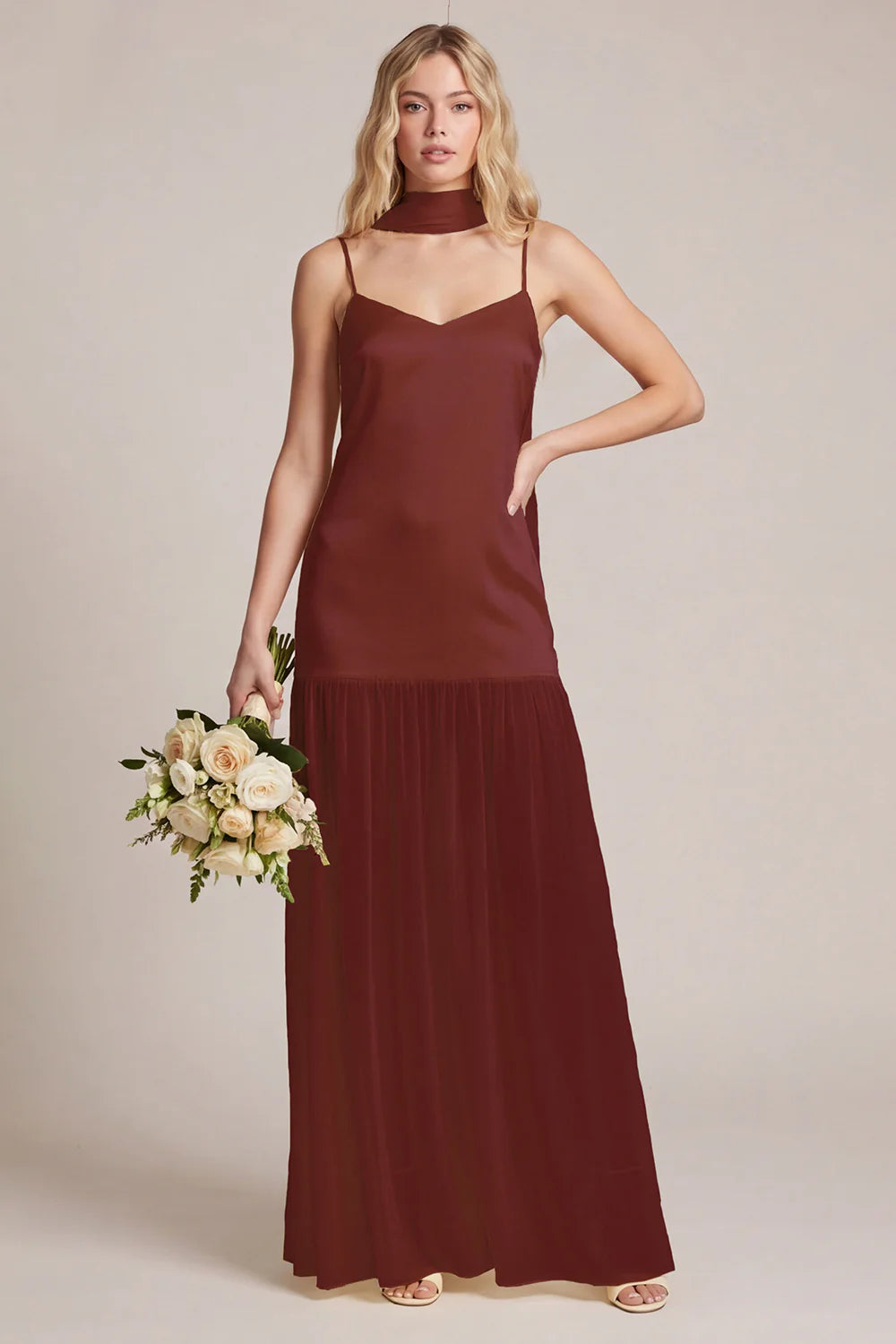 Daffodil Satin Spaghetti Straps Bridesmaid Dress with Scraf