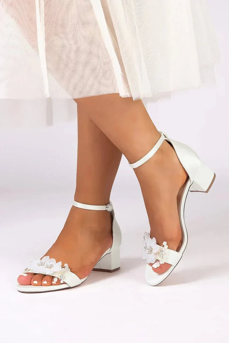 Satin Block Heel Sandal Featuring Delicate Floral Rhinestone Decorations