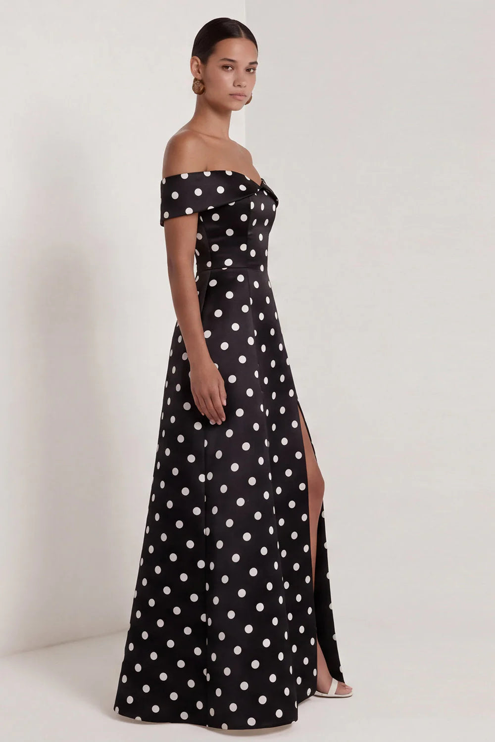 Off the Shoulder Black White Polka Dot A Line Maxi Formal Dress with Slit