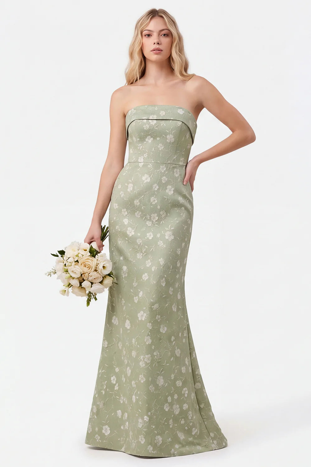 Strapless Mermaid Sage Floral Jacquard Bridesmaid Dress