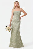 Strapless Mermaid Sage Floral Jacquard Bridesmaid Dress