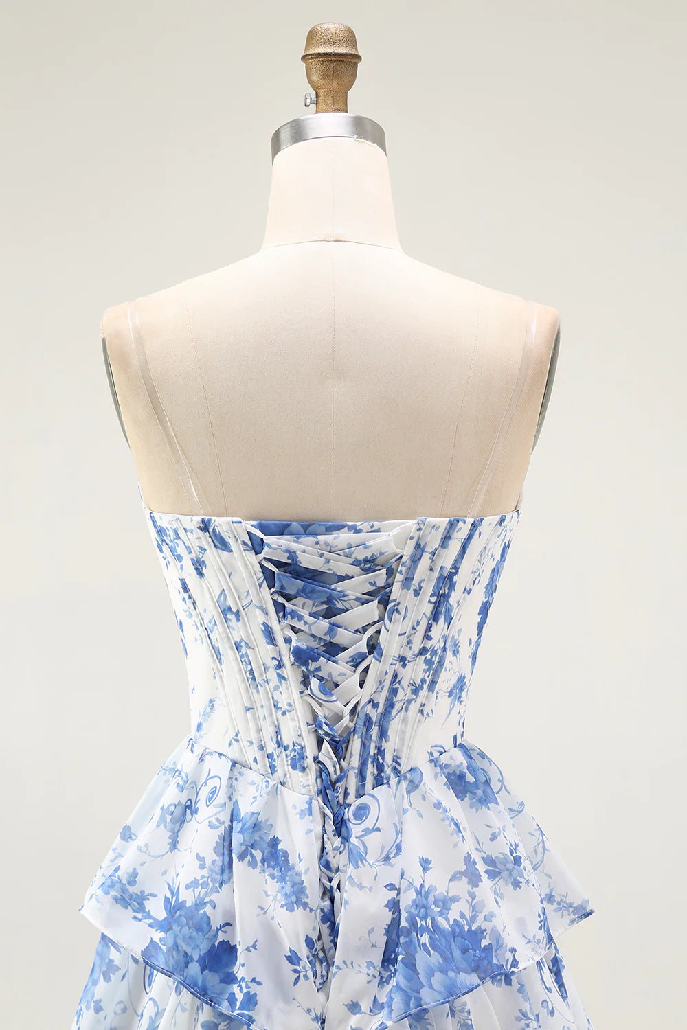 Strapless White Blue Flower A Line Tiered Corset Long Prom Dress with Slit
