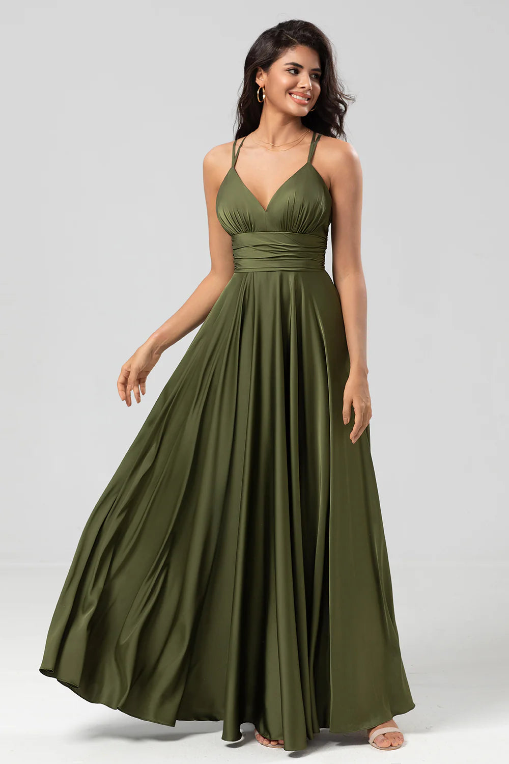 A Line Spaghetti Straps Satin Floor Length Dress