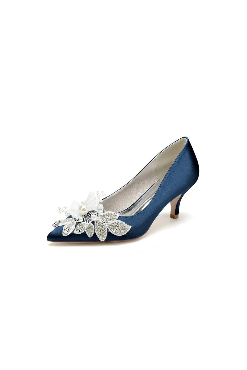 Floral Beading Pointed Toe Satin Kitten Heels