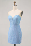 Blue Bodycon Strapless Beaded Short Homecoming Dress with Lace Up Back