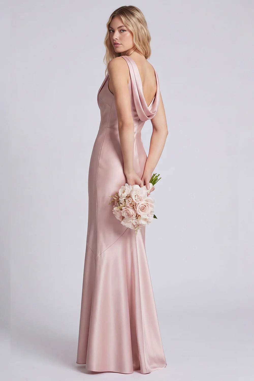 Eucalyptus Mermaid Cowl Neck Satin Long Bridesmaid Dress