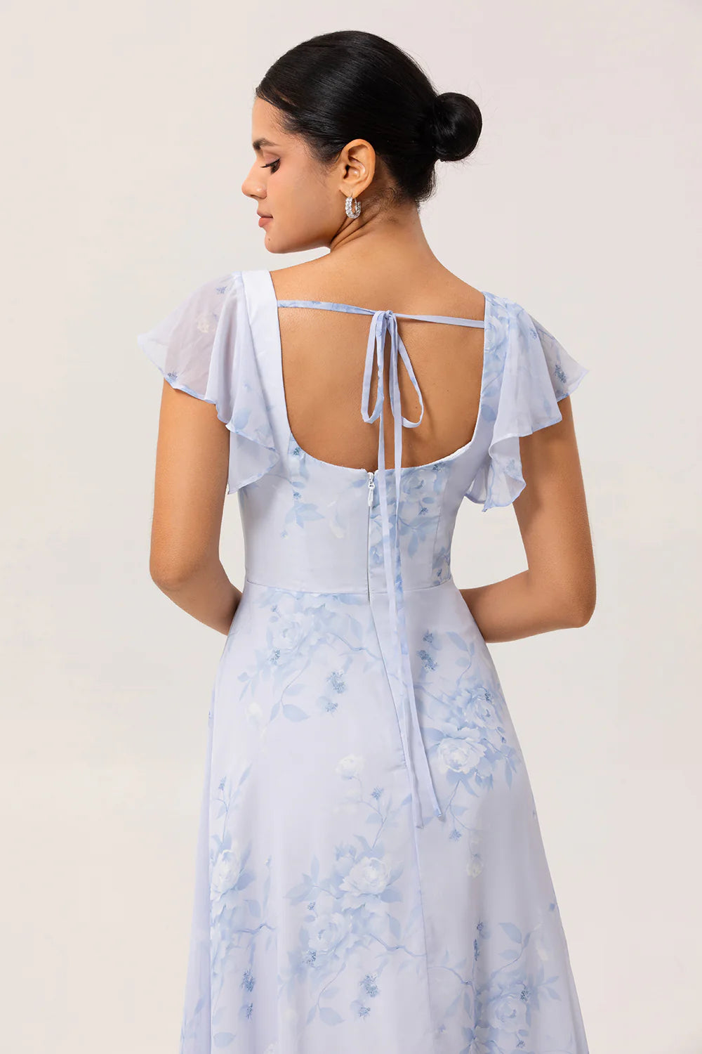 Blue Flower A Line Square Neck Chiffon Flutter Sleeves Long Bridesmaid Dress with Slit