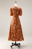 Orange Floral Printed A Line Midi Wedding Guest Dress with Short Sleeves