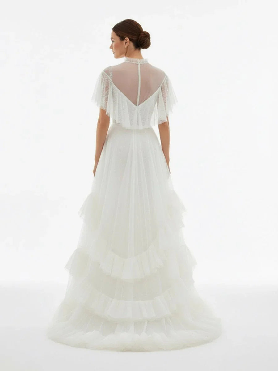 High Split A Line See through Short Sleeves Ruffle Tulle Wedding Dresses