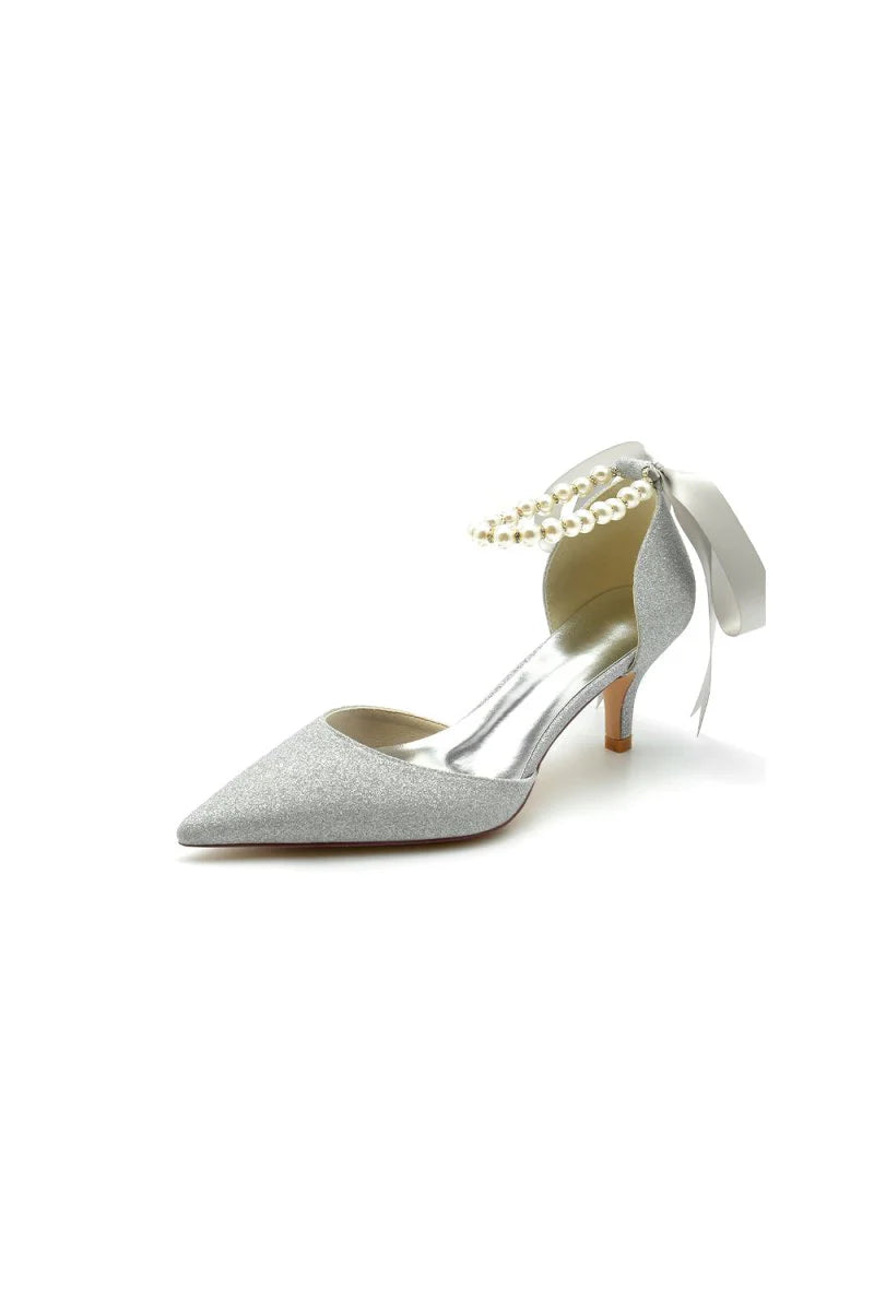 Pointed Toe Glitter Crystal Ribbons Faux Pearl Pumps