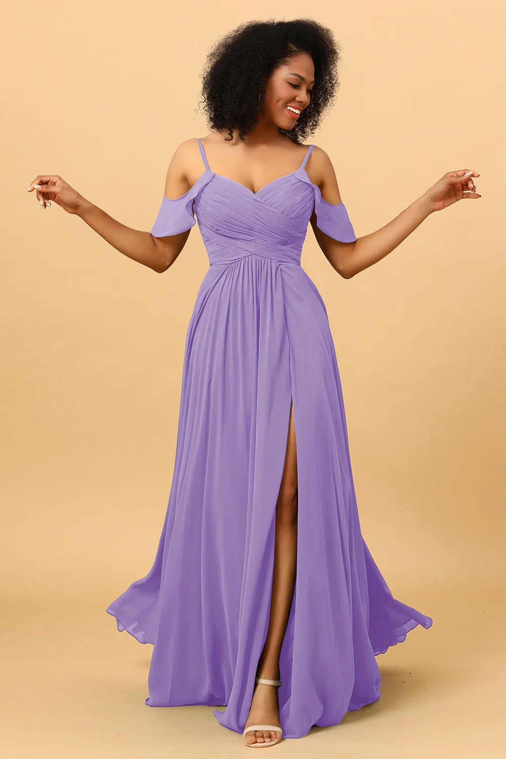 A Line Spaghetti Straps Long Chiffon Bridesmaid Dress With Slit