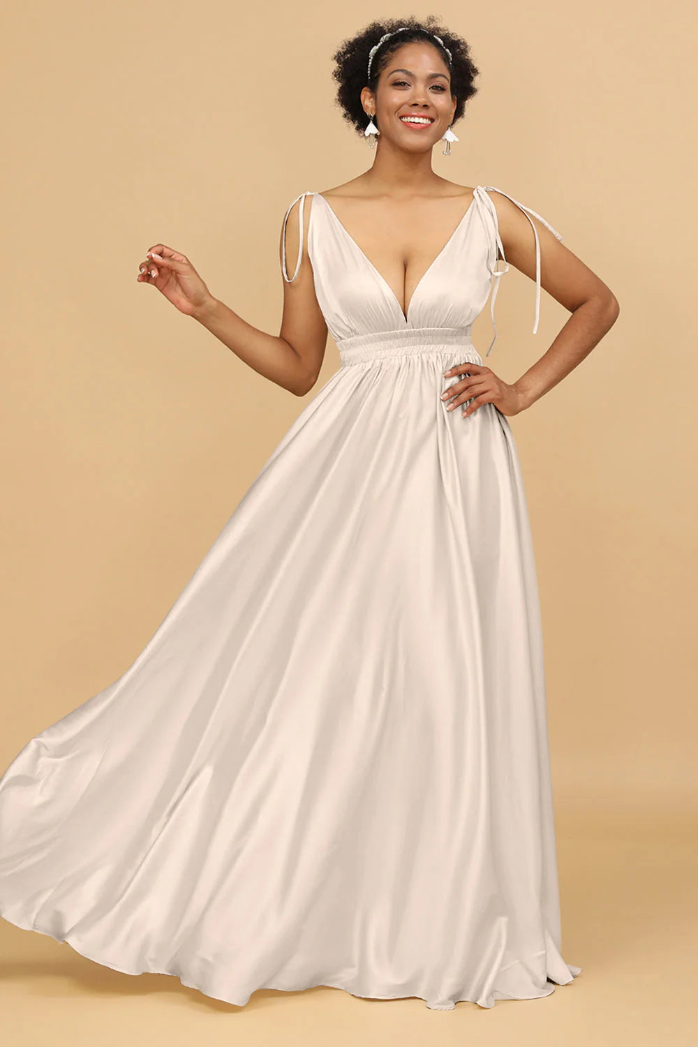 A Line Deep V Neck Backless Floor Length Bridesmaid Dress