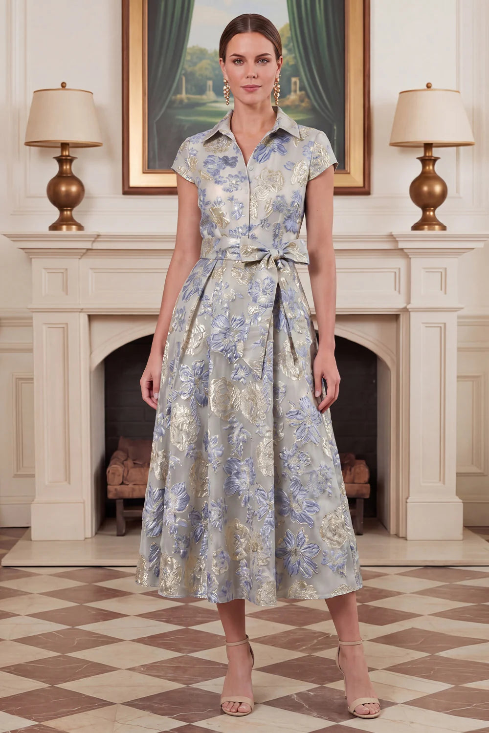 Dusty Blue A Line Floral Jacquard Midi Mother of the Bride Dress with Short Sleeves