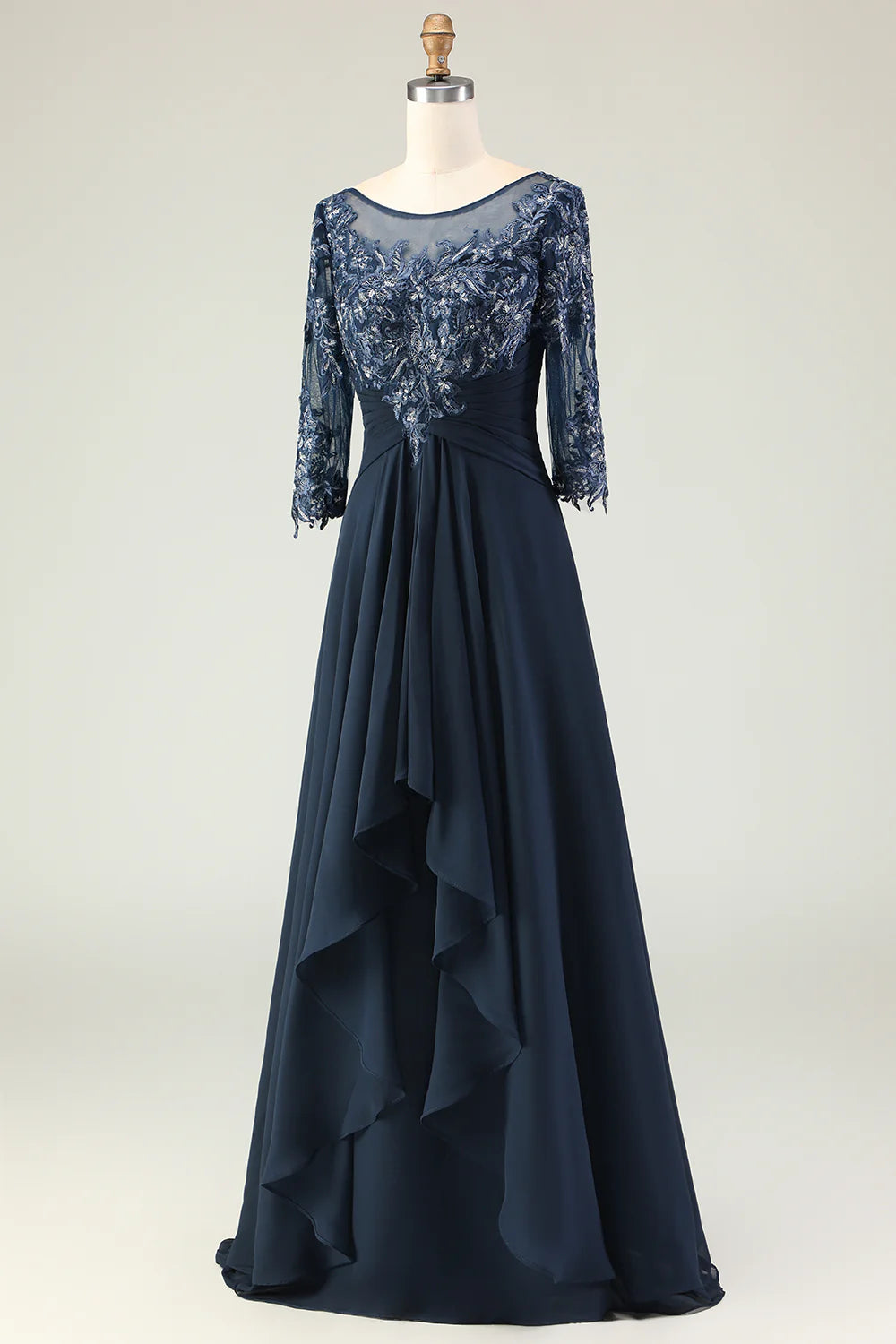 Navy Scoop Neck Appliqued A Line Long Chiffon Dress with 3 4 Sleeves