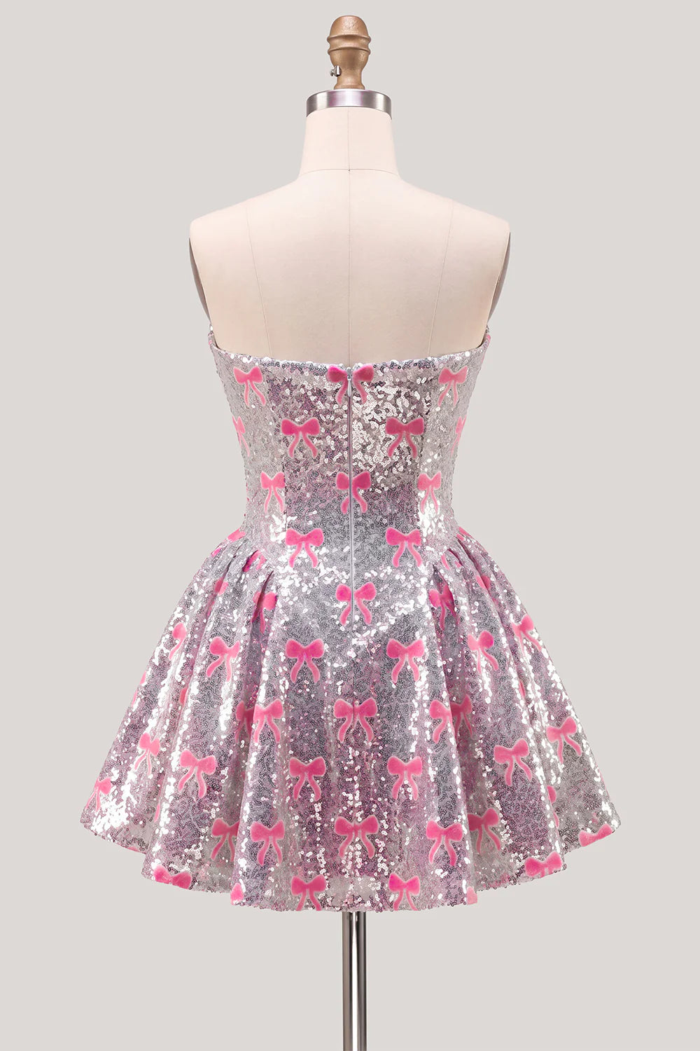 Silver A Line Strapless Short Homecoming Dress with Pink Bows