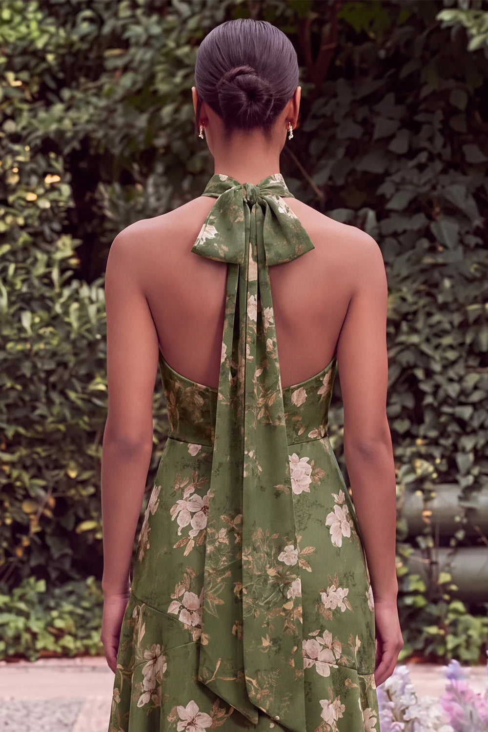 Sage Halter Keyhole Asymmetrical Floral Wedding Guest Dress