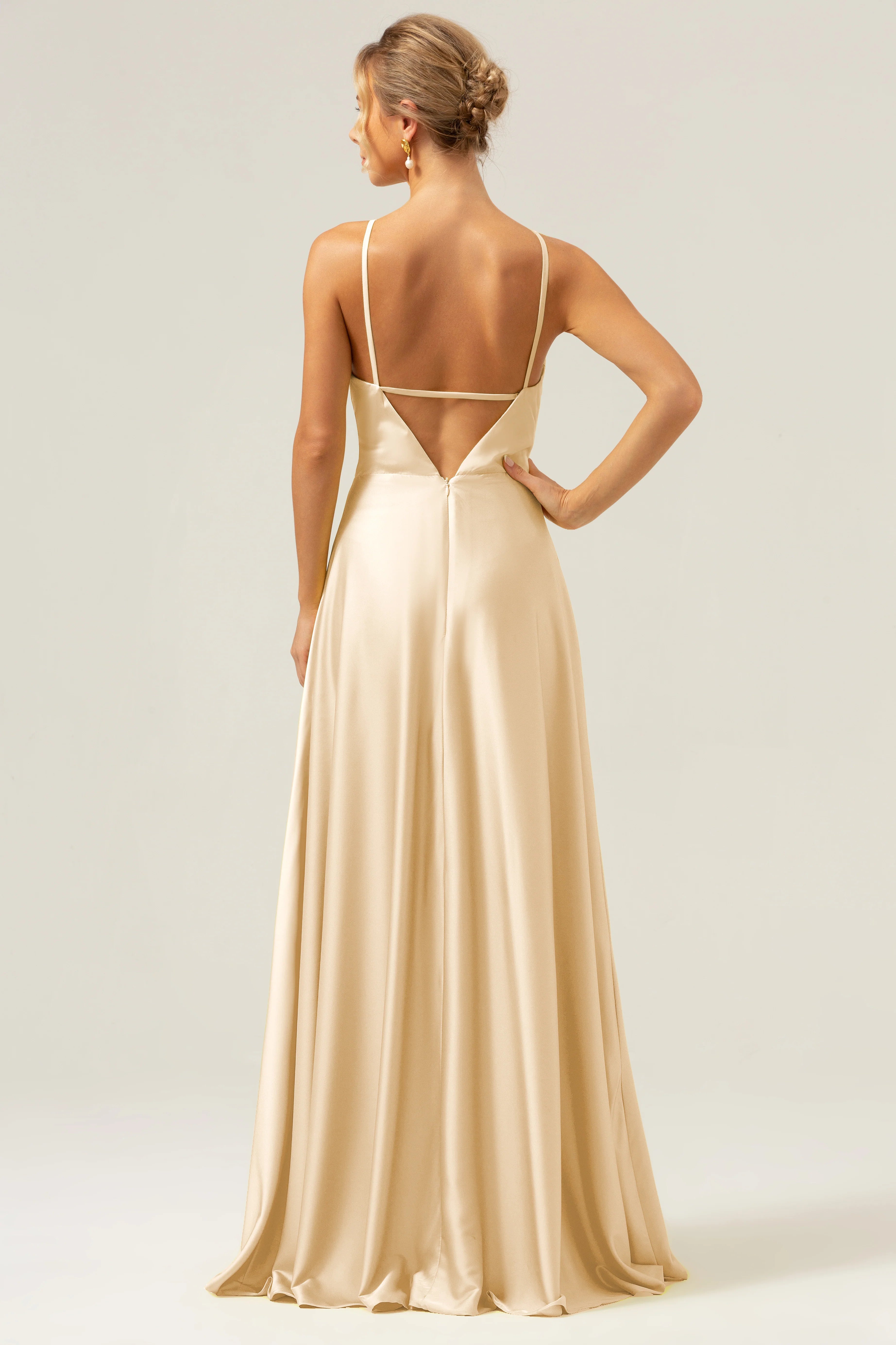 A Line Halter Ruched Satin Open Back Long Bridesmaid Dress with Flower