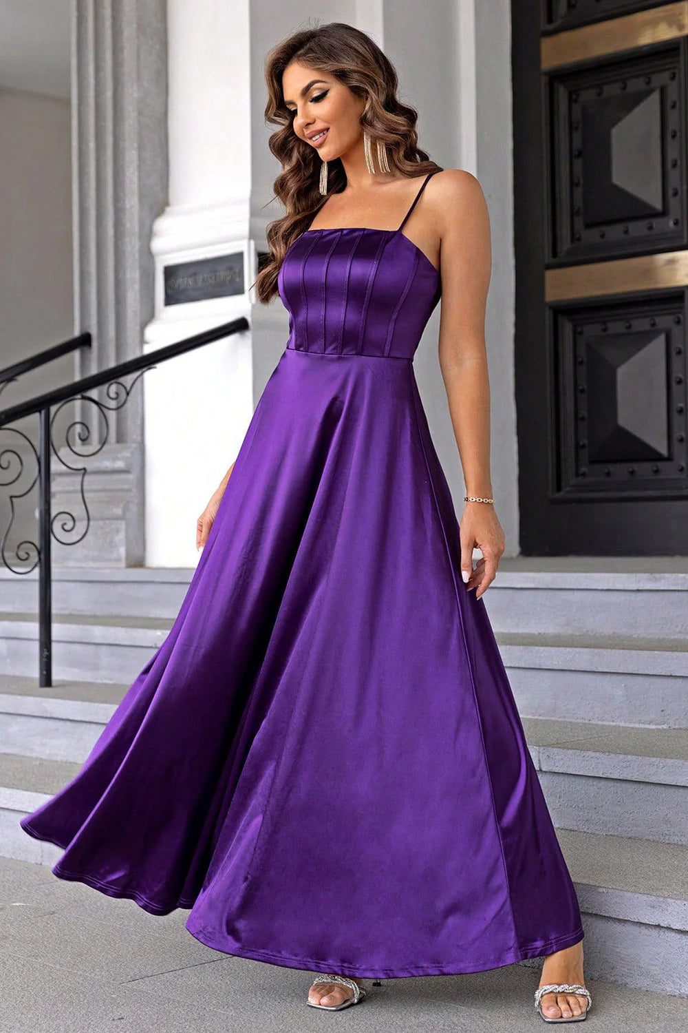 Purple Spaghetti Straps A line Satin Prom Dress