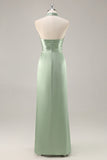 Sage Green Sheath Satin Ruched Backless Long Bridesmaid Dress with Slit
