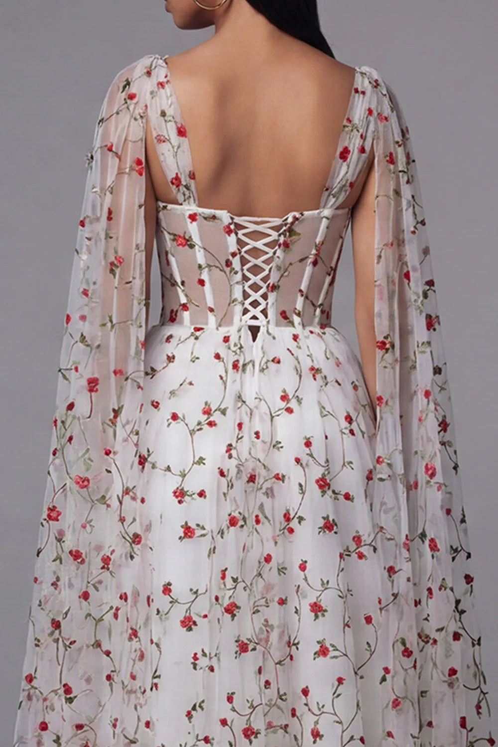 Ivory Floral Corset A Line Midi Wedding Guest Dress with Streamer