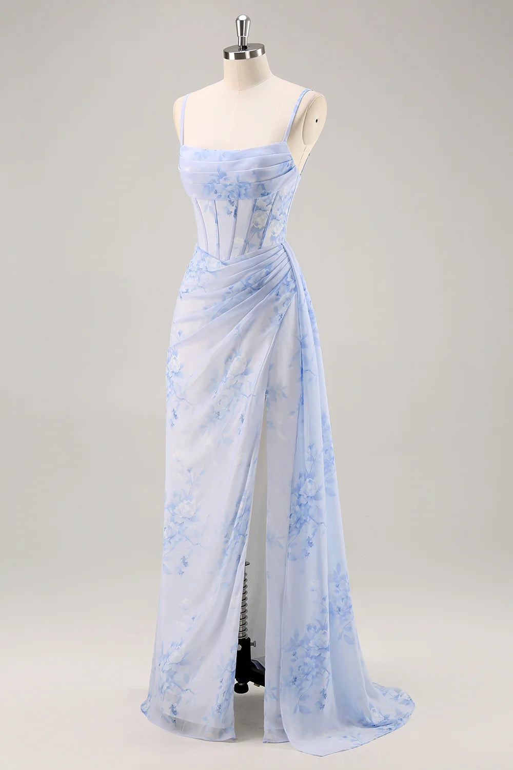 Blue Floral Spaghetti Straps Mermaid Streamer Corset Long Plus Size Bridesmaid Dress with Slit