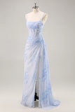 Blue Floral Mermaid Spaghetti Straps Corset Long Bridesmaid Dress with Streamer