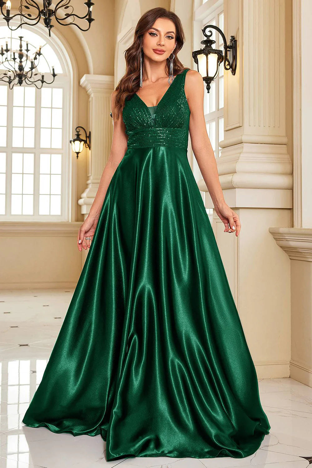 Sparkly Navy A Line V Neck Sequins Satin Formal Dress with Pockets