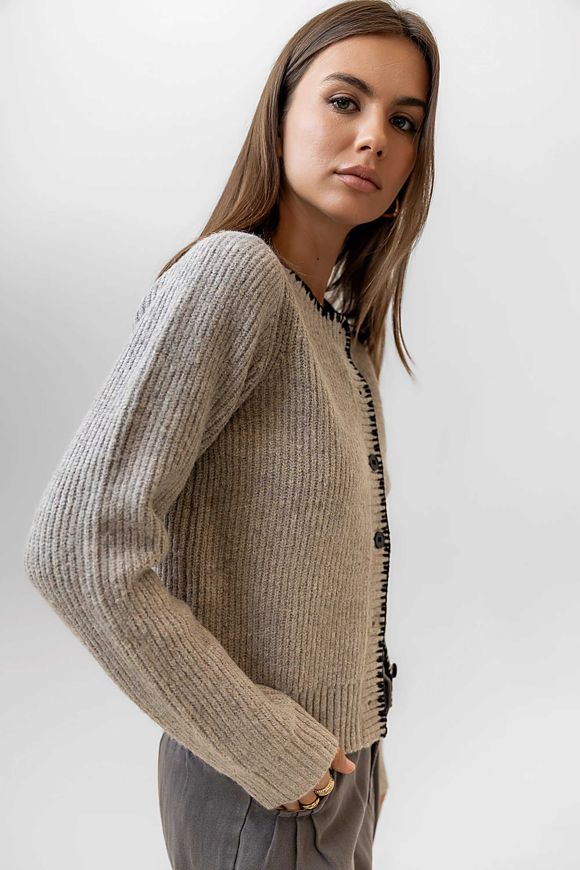 Darren Contrast Cardigan in Taupe