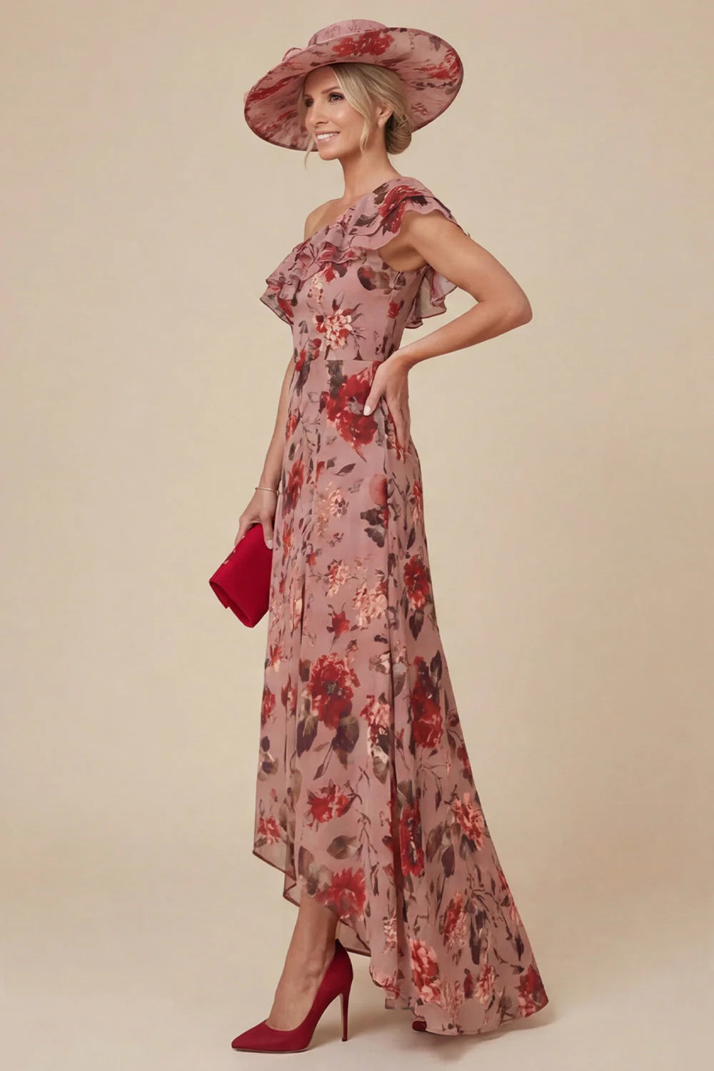Floral Dusty Rose One Shoulder Ruffled Mother of the Bride Dress with Slit