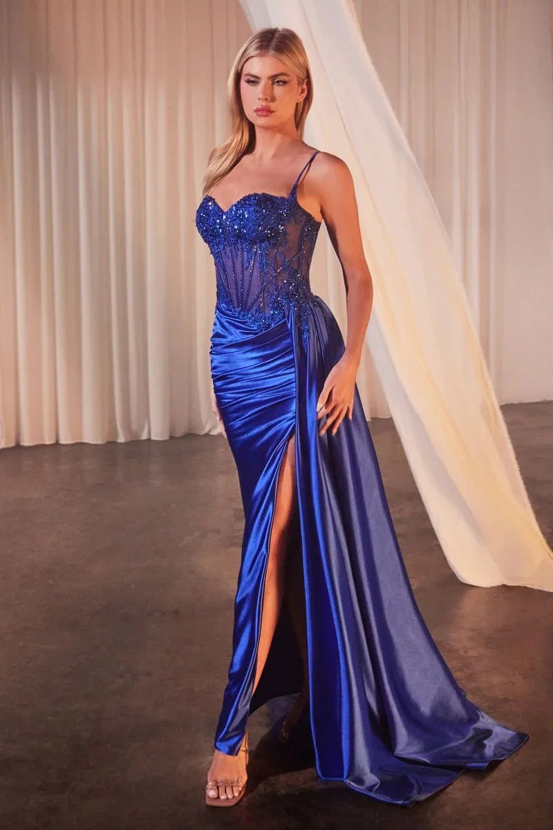 Teagan Gown Royal Fitted Satin Lace Dress