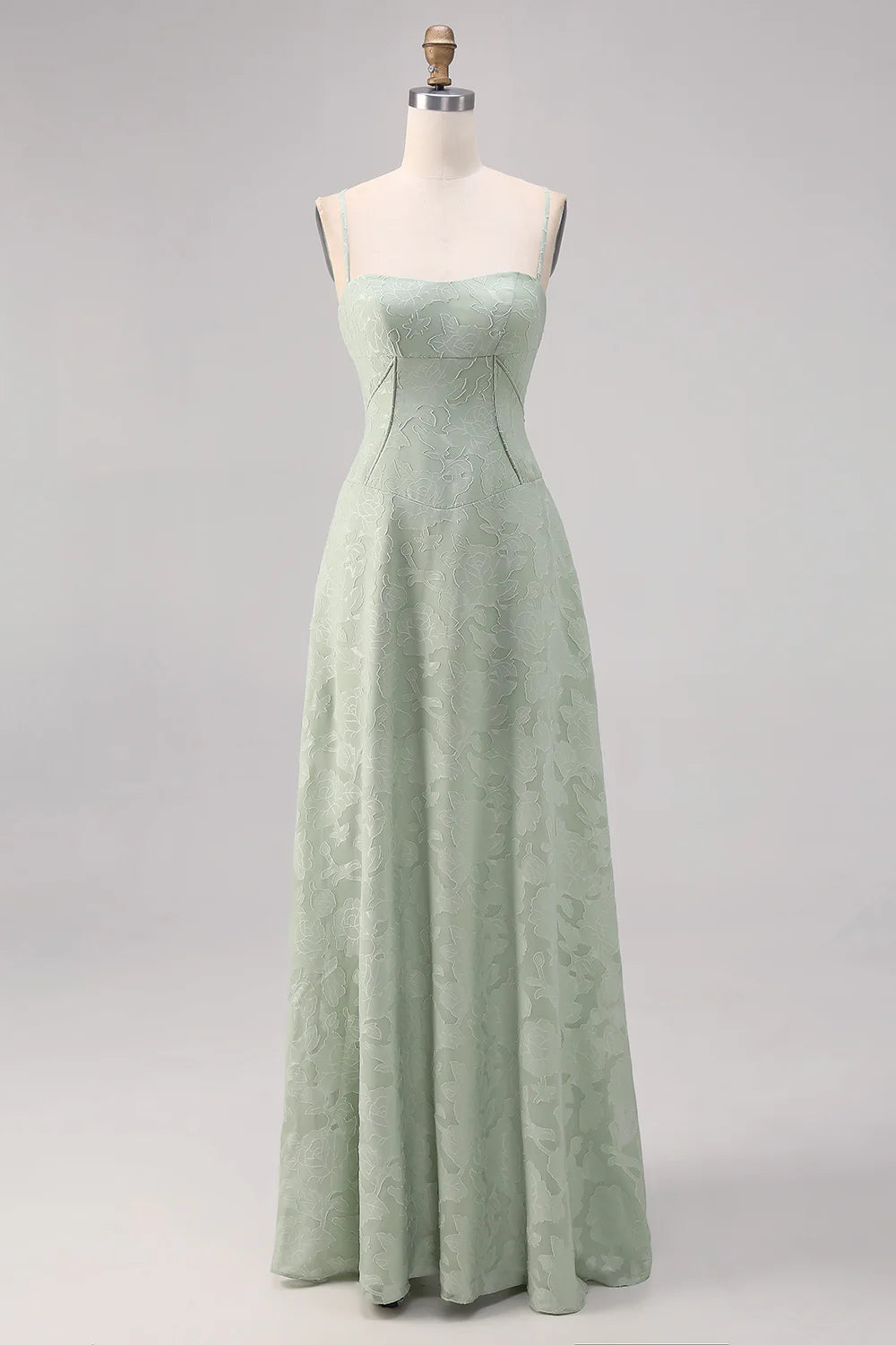 Sage Green A Line Spaghetti Straps Floral Burnout Bridesmaid Dress