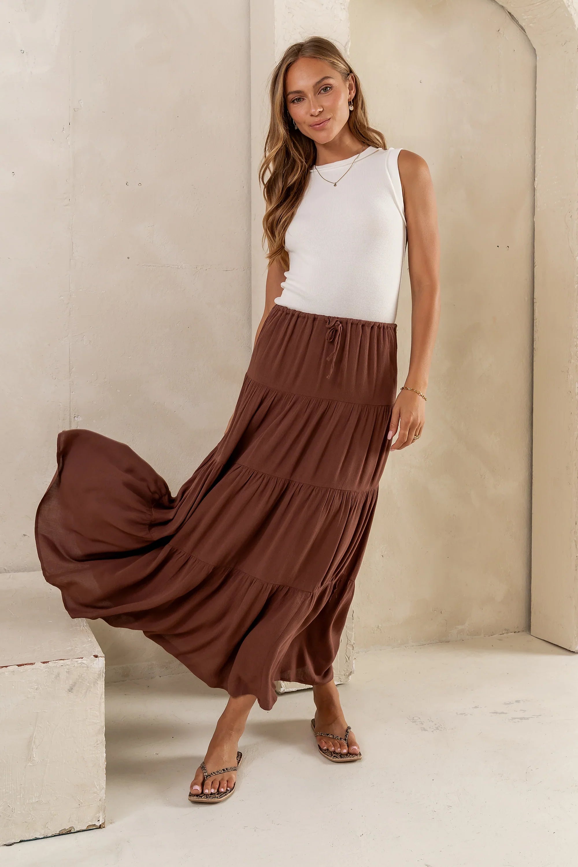 June Tiered Maxi Skirt in Brown FINAL SALE