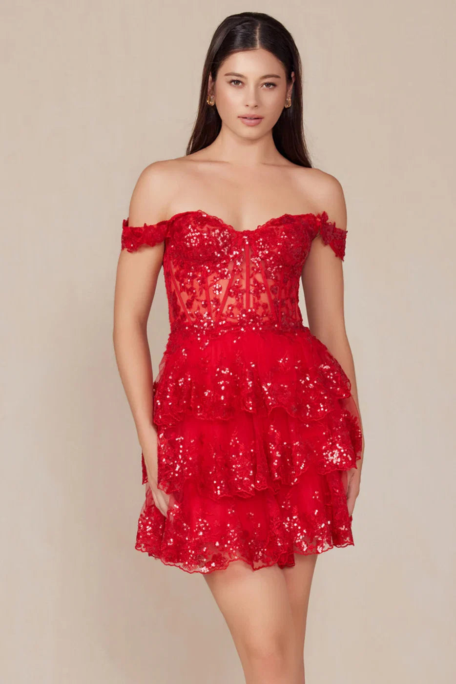 BRENNA MINI DRESS RED OFF SHOULDER TIERED SHORT DRESS