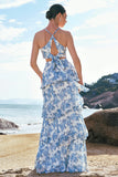 White and Blue Flower A Line Spaghetti Straps Hollow Out Print Bridesmaid Dress