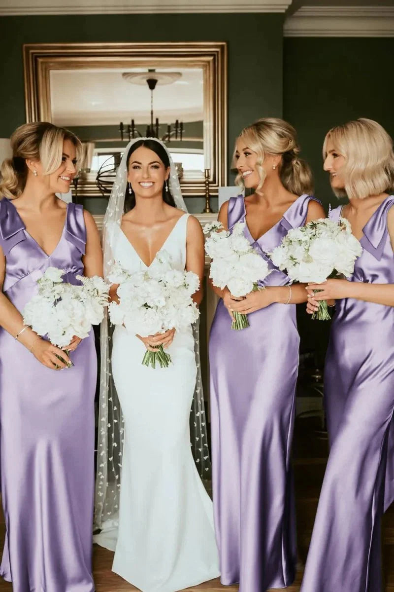 Sheath V Neck Sage Green Silk Satin Bridesmaid Dress with Bow
