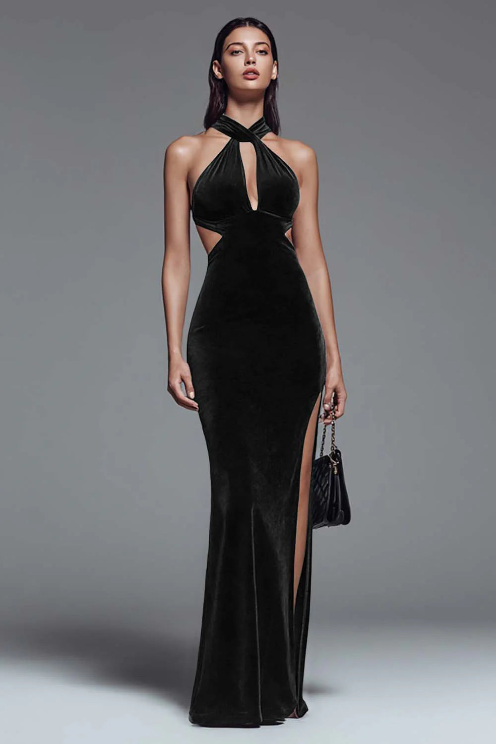 Dark Green Halter Cut Out Mermaid Velvet Formal Dress with Slit