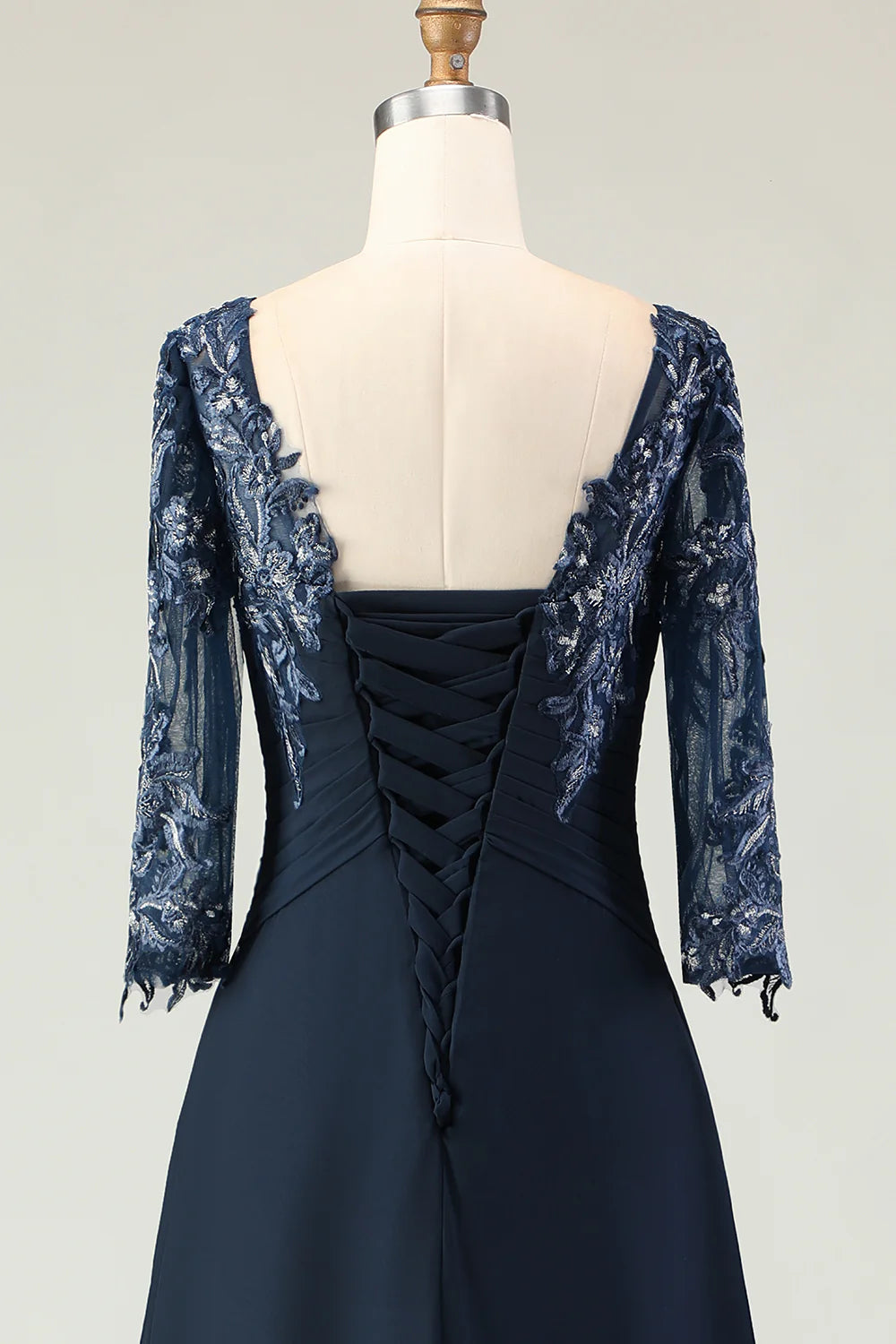 Navy Scoop Neck Appliqued A Line Long Chiffon Dress with 3 4 Sleeves