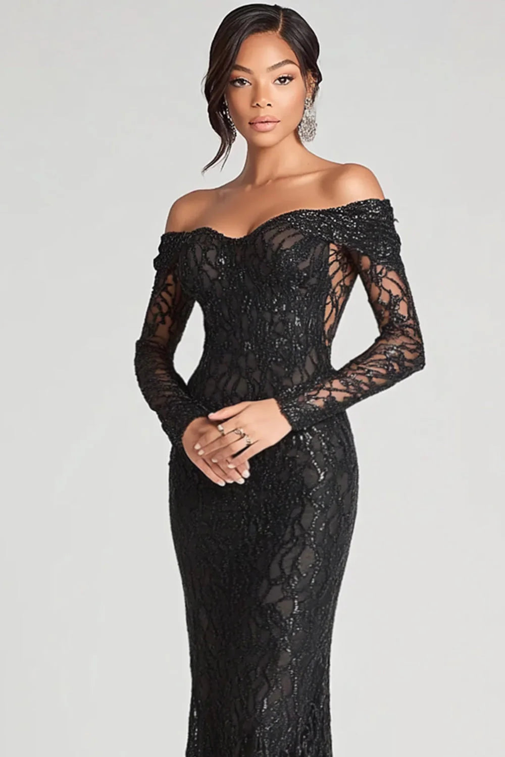 Black Off The Shoulder Sheath Mesh Lace Formal Dress