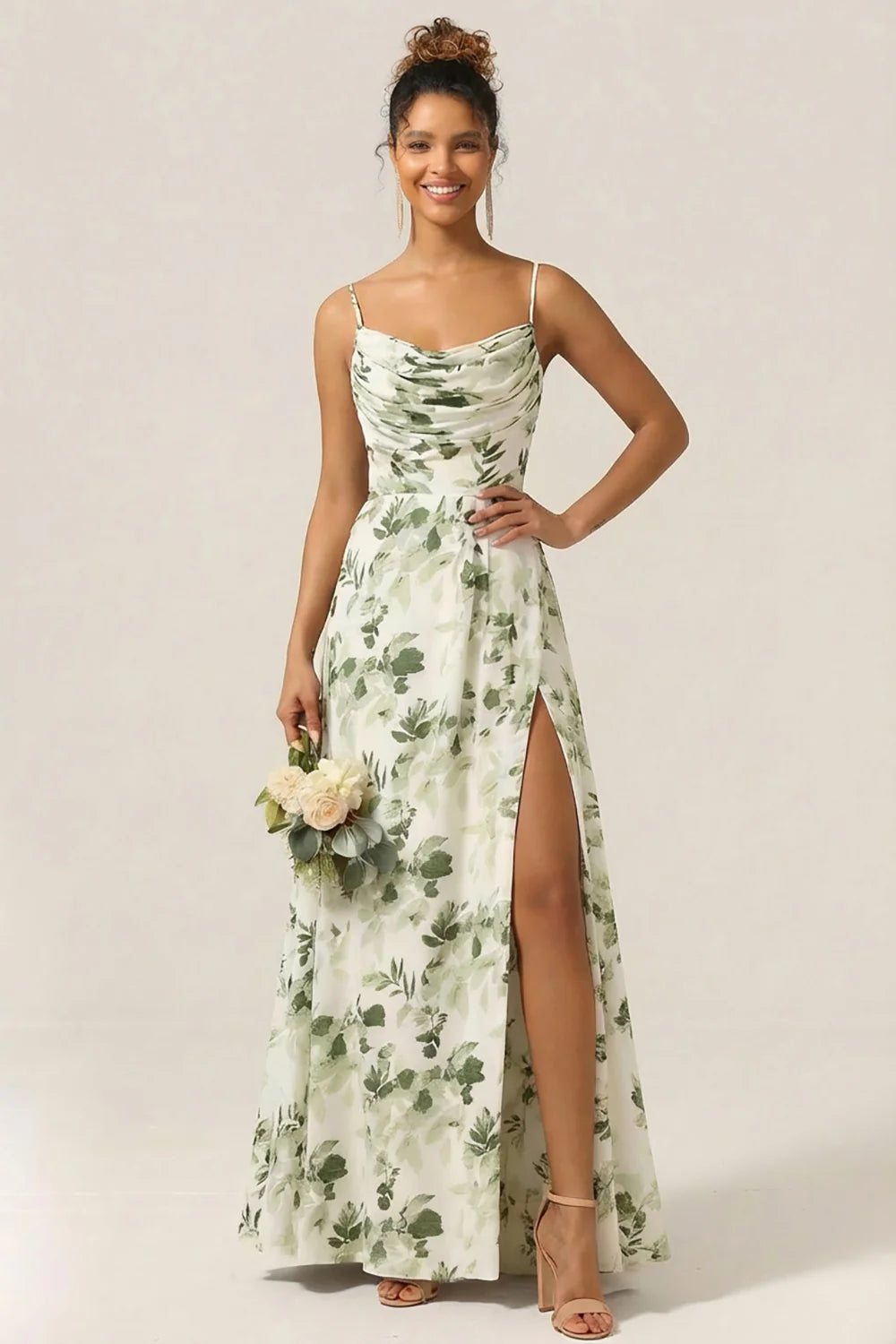 Blue Flower A Line Spaghetti Straps Chiffon Long Bridesmaid Dress with Slit