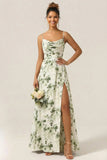 Blue Flower A Line Spaghetti Straps Chiffon Long Bridesmaid Dress with Slit