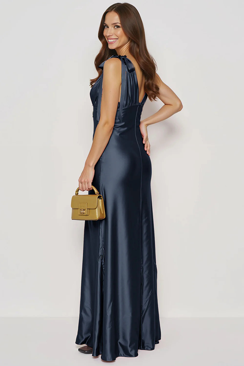 Navy Mermaid V Neck Satin Long Formal Dress