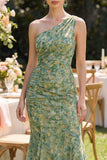 One Shoulder Dusty Green Floral Mermaid Wedding Guest Dress